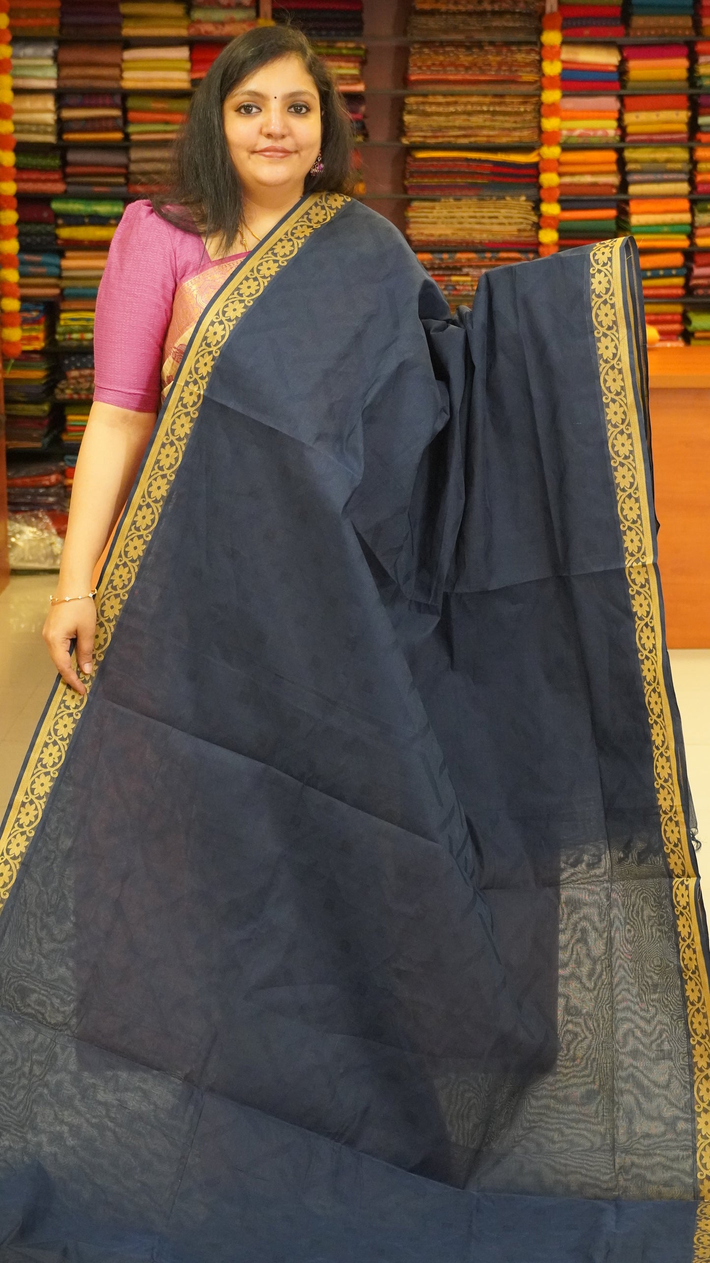 Kota Cotton Saree - Navy Blue
