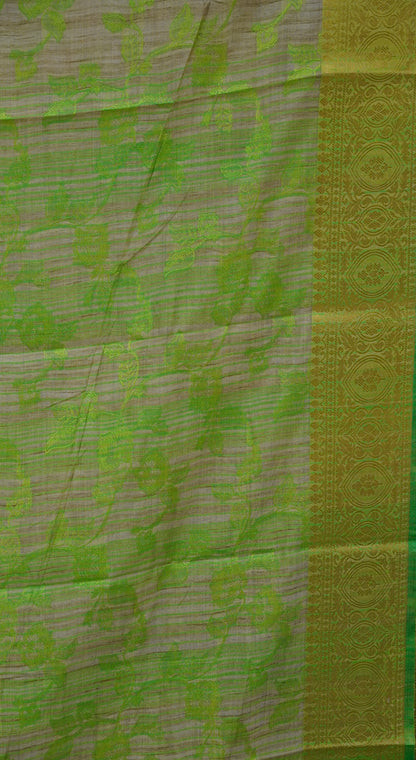 Semi Tussar Saree Embosed Print - Fluorescent Green