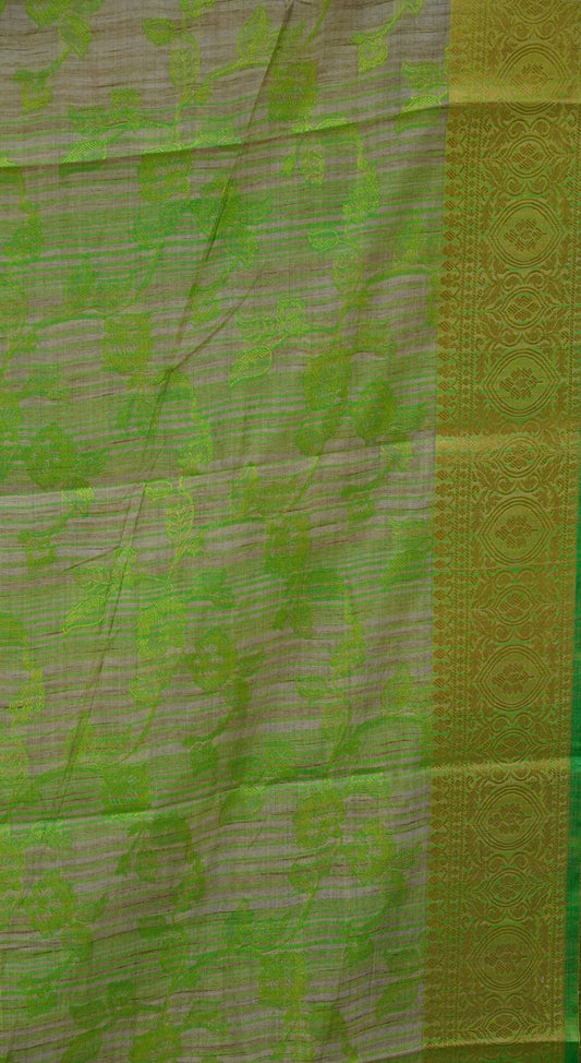 Semi Tussar Saree Embosed Print - Fluorescent Green