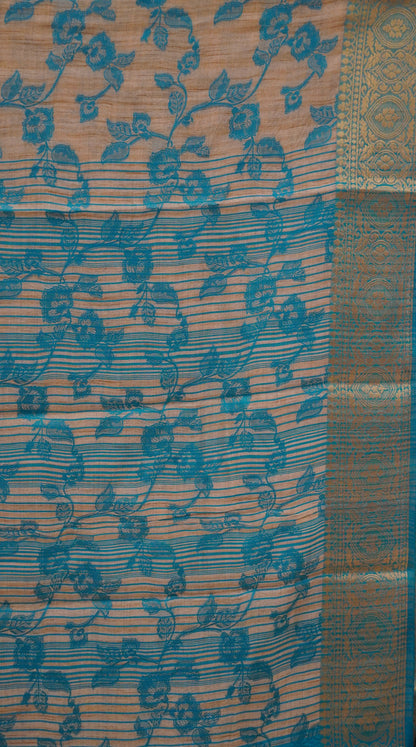 Semi Tussar Saree Embosed Print - Sky Blue