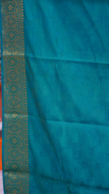 Semi Tussar Saree Embosed Print - Sky Blue
