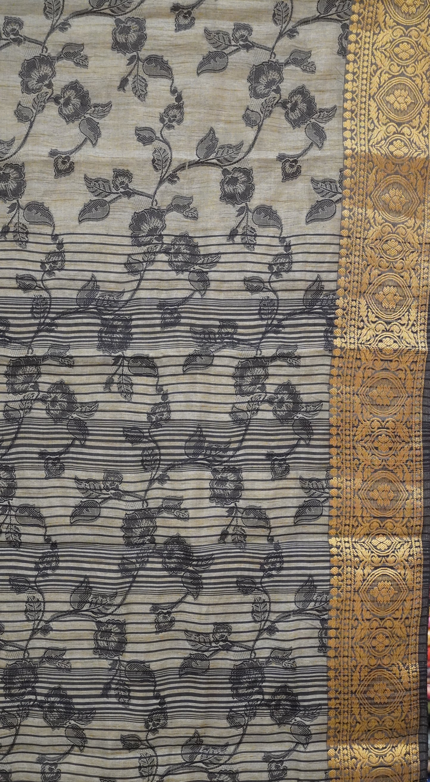 Semi Tussar Saree Embosed Print - Black