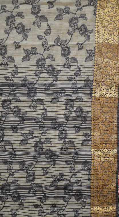 Semi Tussar Saree Embosed Print - Black