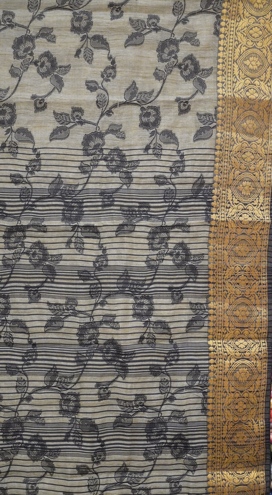 Semi Tussar Saree Embosed Print - Black