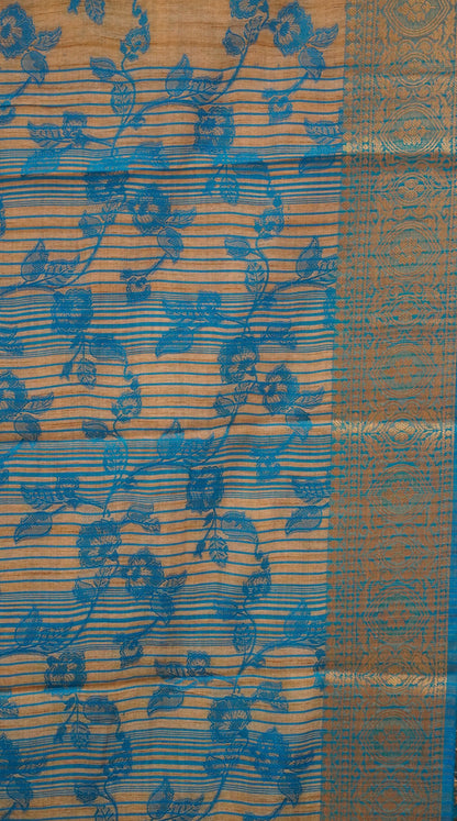 Semi Tussar Saree Embosed Print - Turquoise Blue