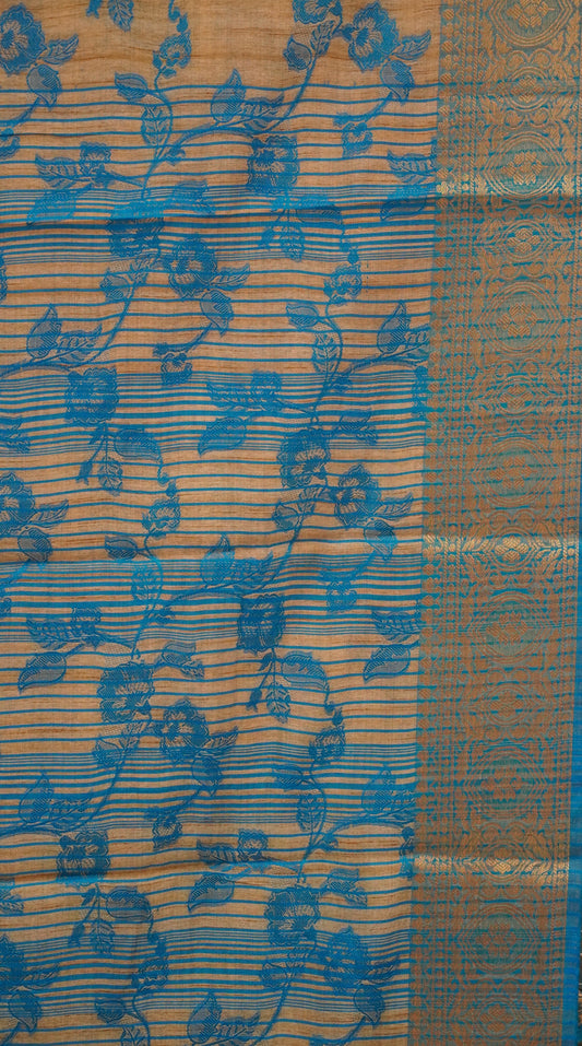 Semi Tussar Saree Embosed Print - Turquoise Blue