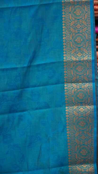 Semi Tussar Saree Embosed Print - Turquoise Blue