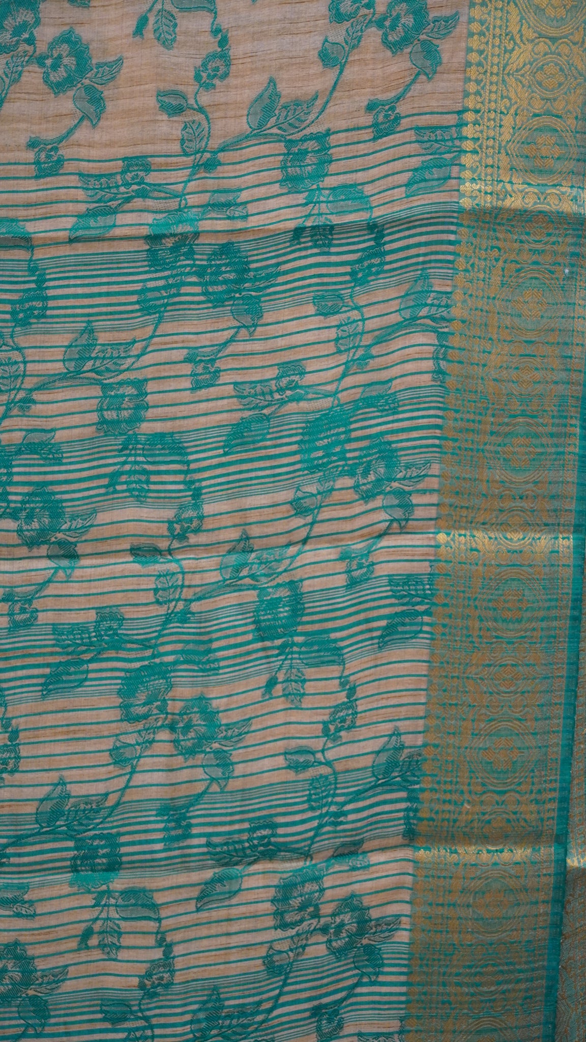 Semi Tussar Saree Embosed Print - Teal green