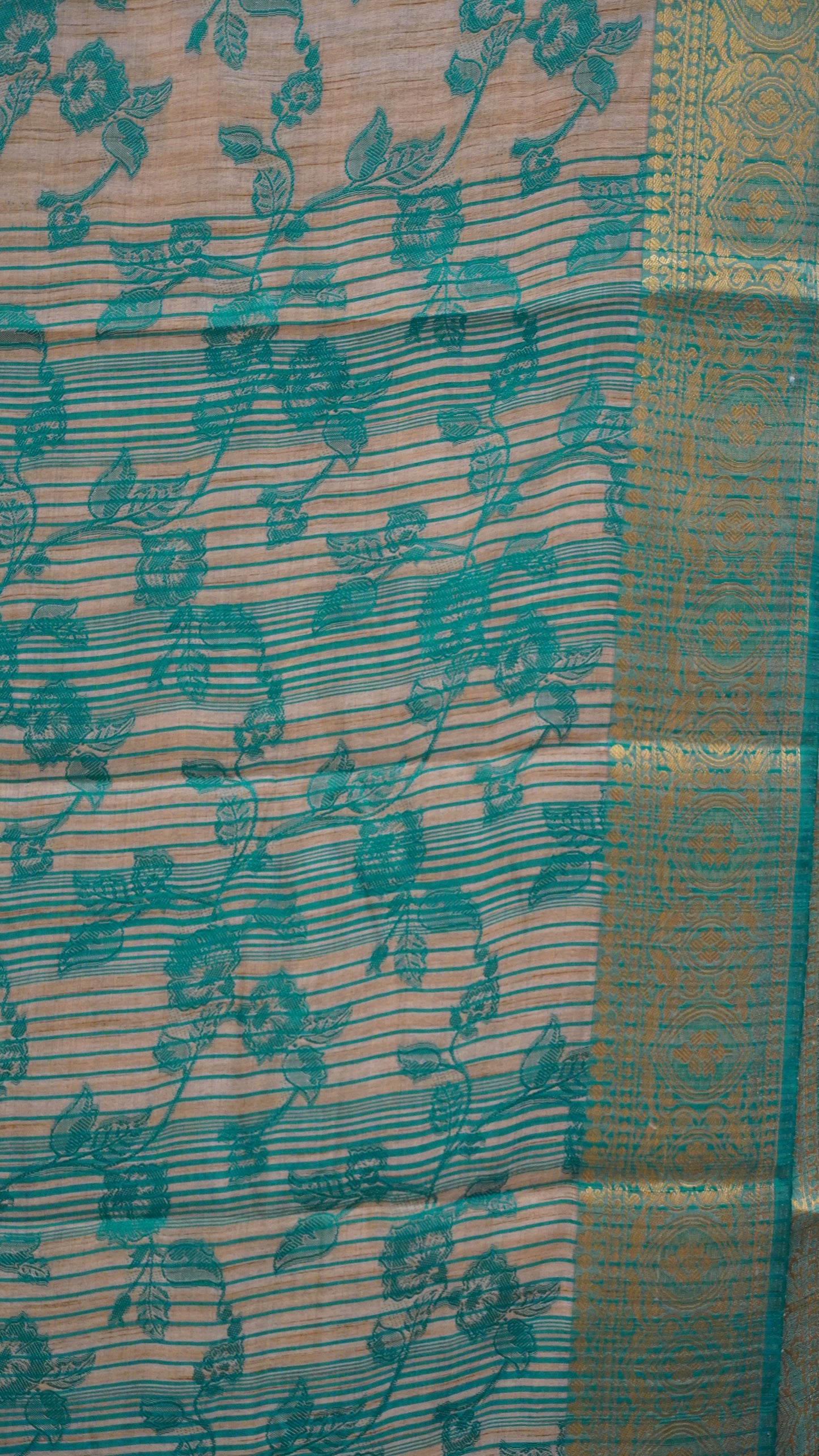 Semi Tussar Saree Embosed Print - Teal green
