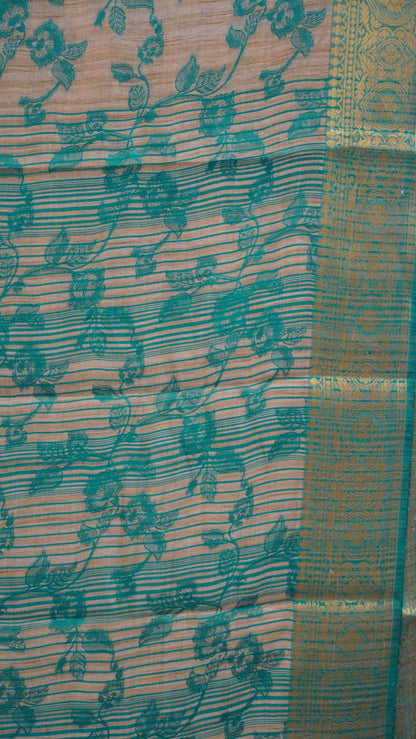 Semi Tussar Saree Embosed Print - Teal green