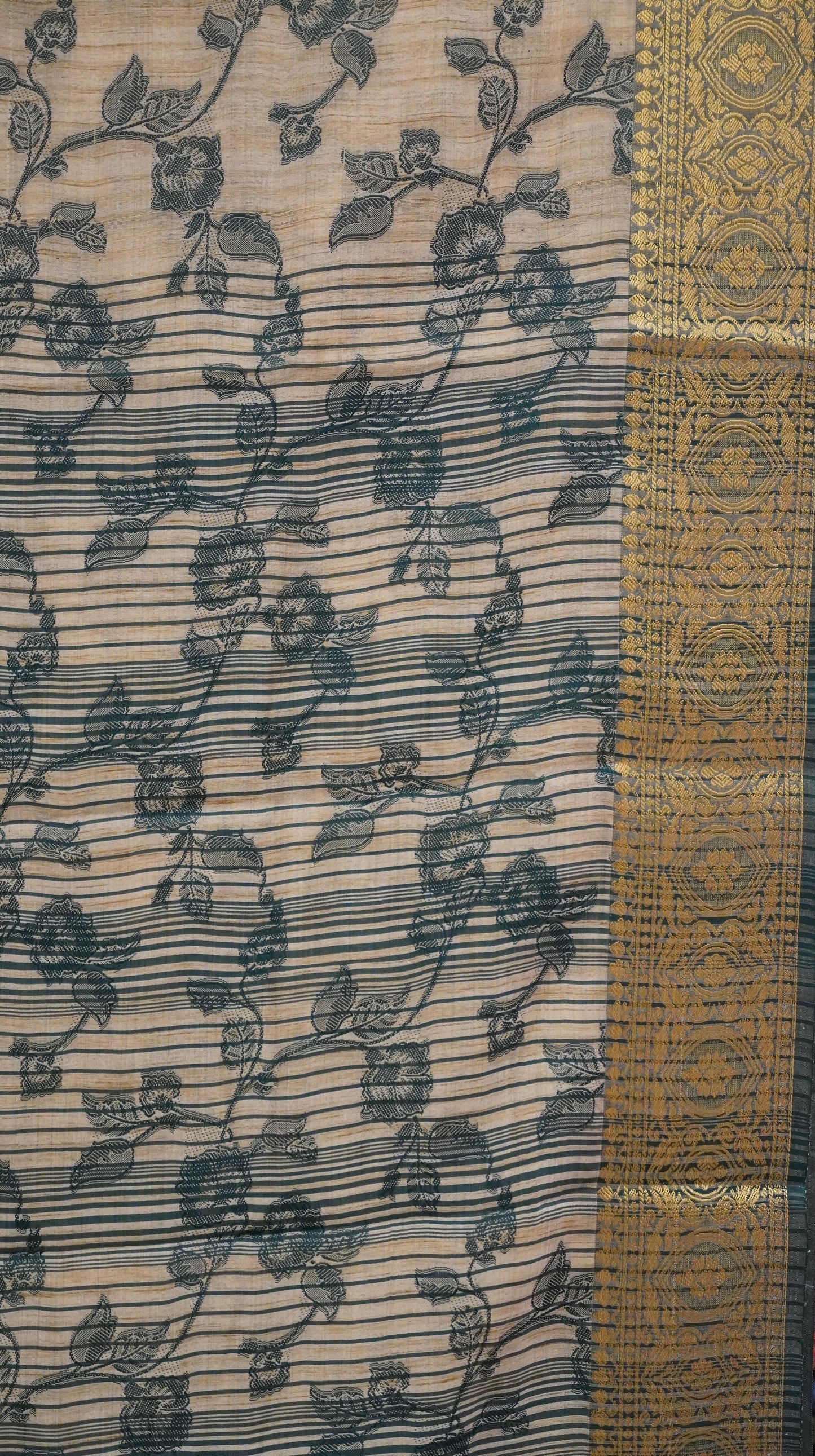 Semi Tussar Saree Embosed Print - Bottle Green