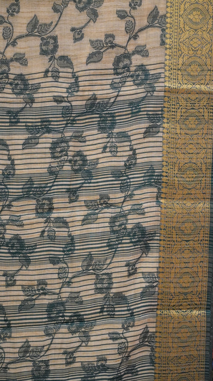 Semi Tussar Saree Embosed Print - Bottle Green