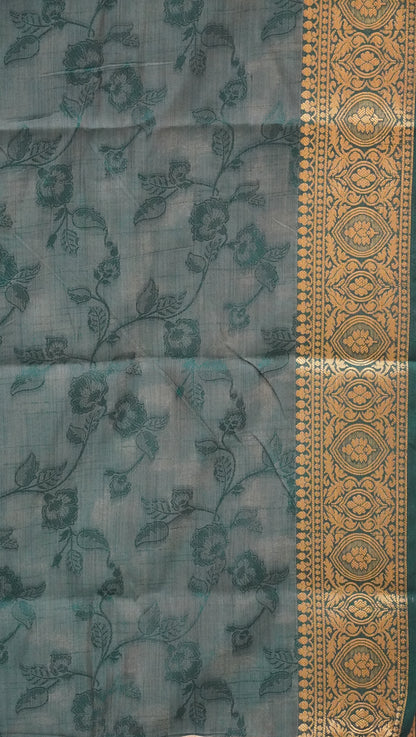 Semi Tussar Saree Embosed Print - Bottle Green