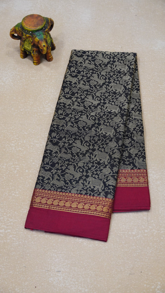 Kanchi Cotton Saree Vanasingaram Black - Maroon
