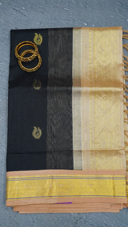 Pure Silk Cotton Saree-Black Lite Brown