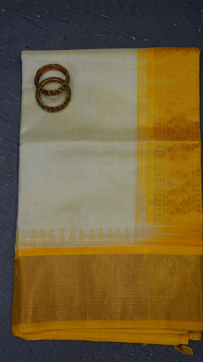 Pure Silk Cotton Saree-Off white Yellow