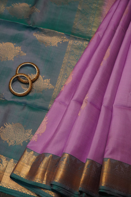 Pure Silk Saree - Lavender - Teal Blue
