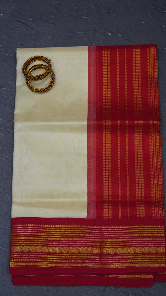 Pure Silk Cotton Saree-Off White Red