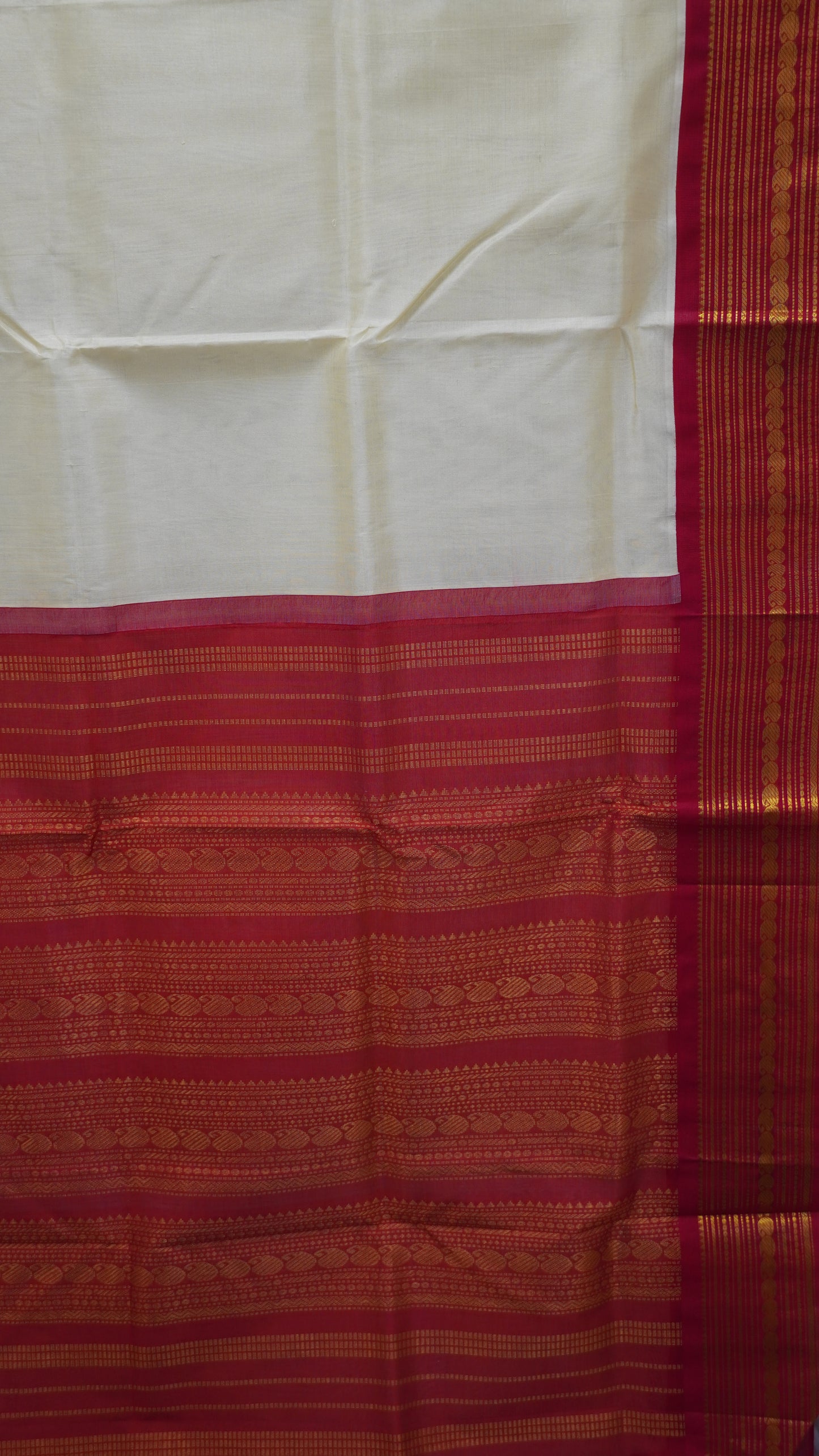 Pure Silk Cotton Saree-Off White Red