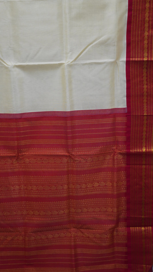 Pure Silk Cotton Saree-Off White Red