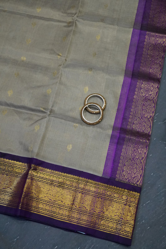 Silk Cotton Saree - Bud Buta Grey - Wine