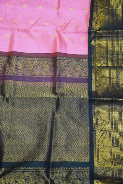 Silk Cotton Saree - Bud Buta Pink - Bottle Green