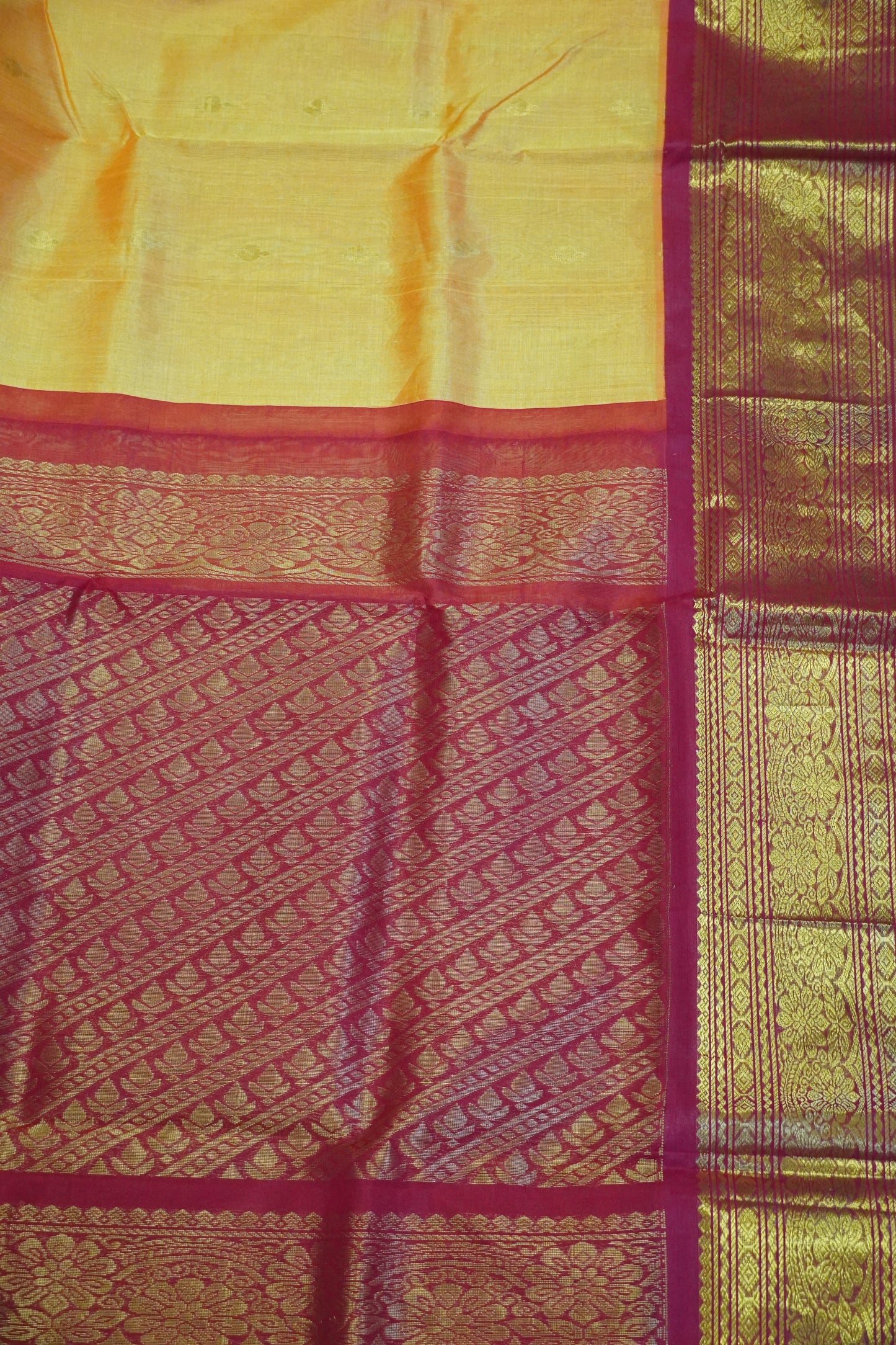 Silk Cotton Saree - Bud Buta Mango Yellow - Red