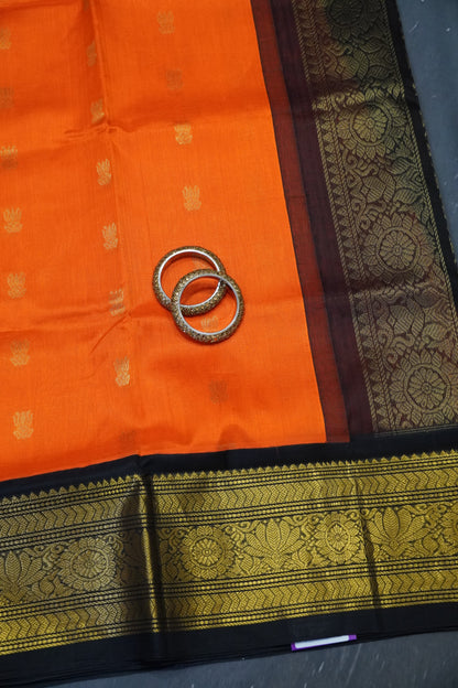 Silk Cotton Saree - Bud Buta Orange - Black