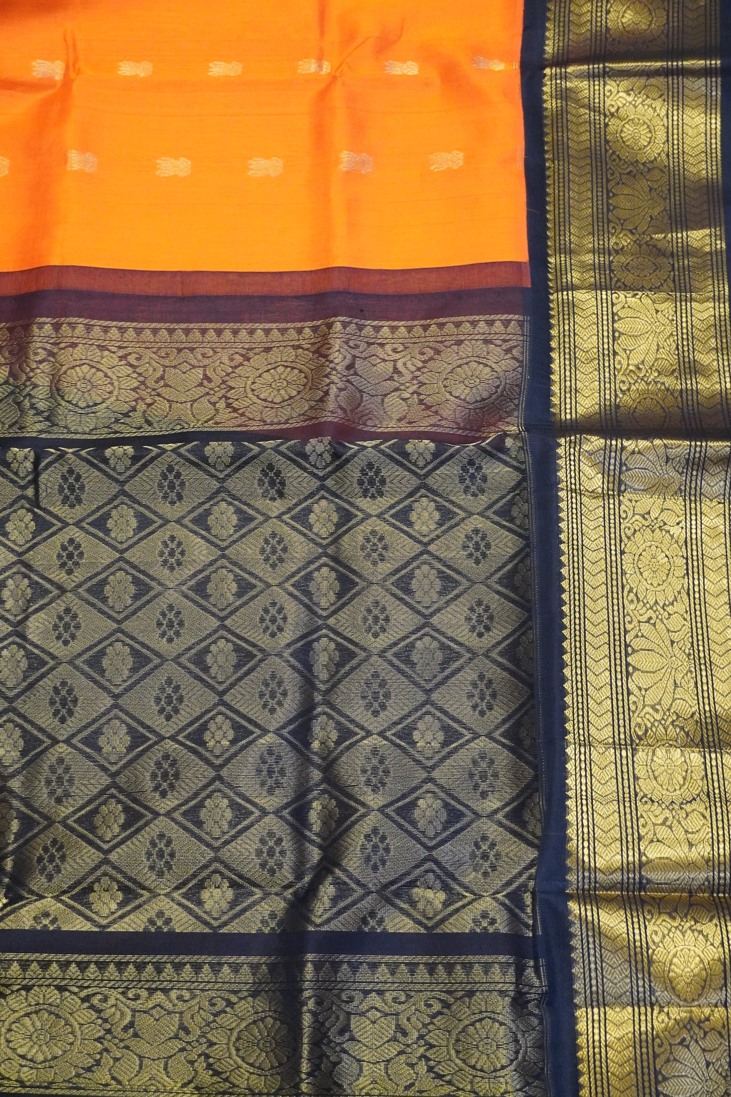 Silk Cotton Saree - Bud Buta Orange - Black