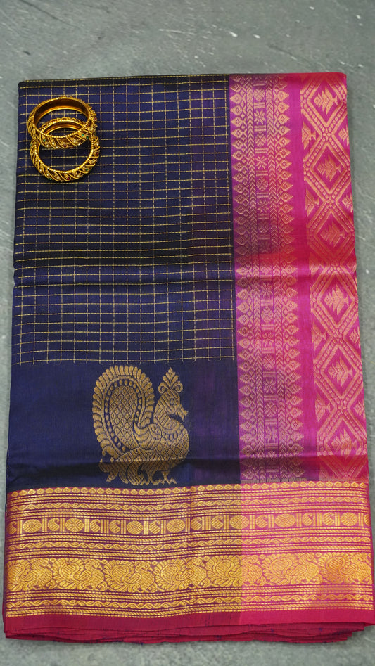Pure Silk Cotton Saree-Navy Blue