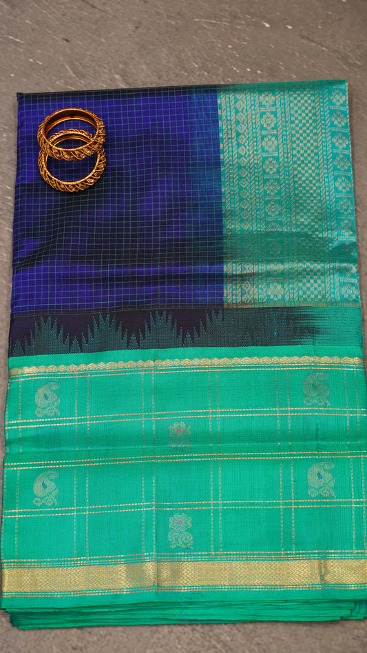 Pure Silk Cotton Saree-Royal Blue with Green