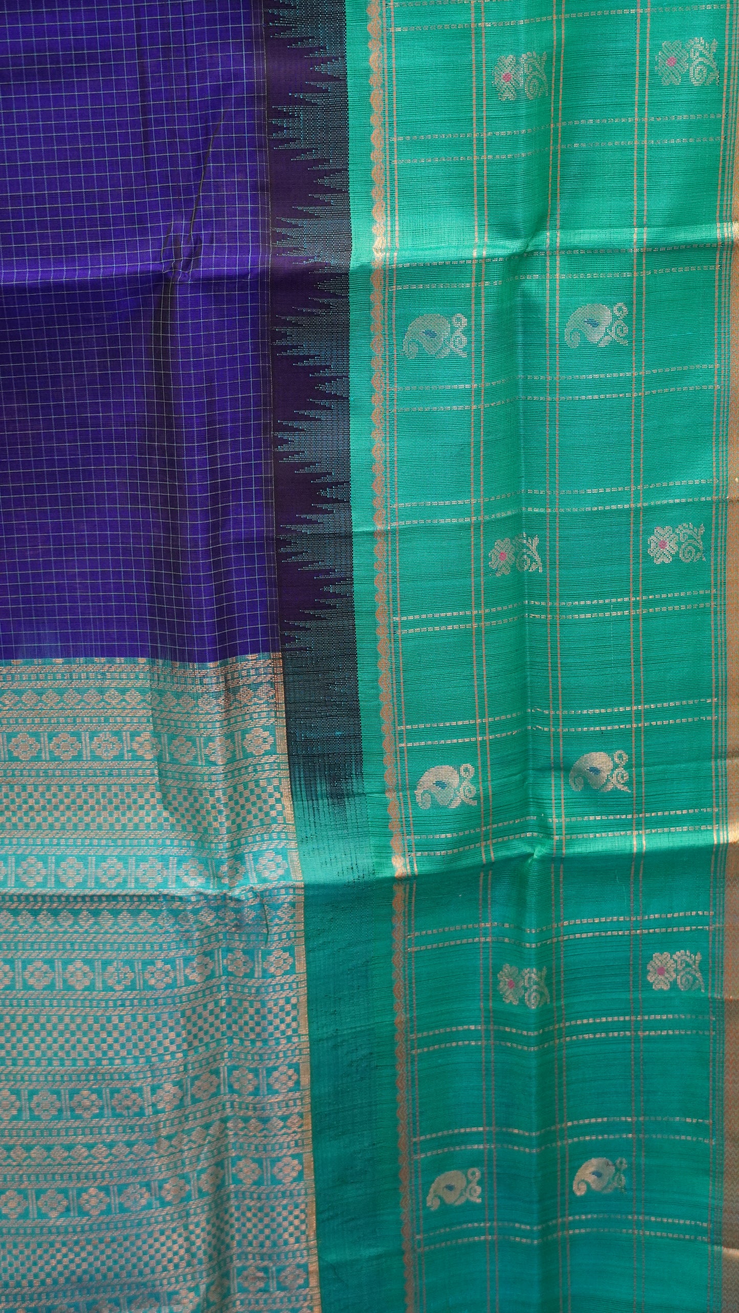 Pure Silk Cotton Saree-Royal Blue with Green