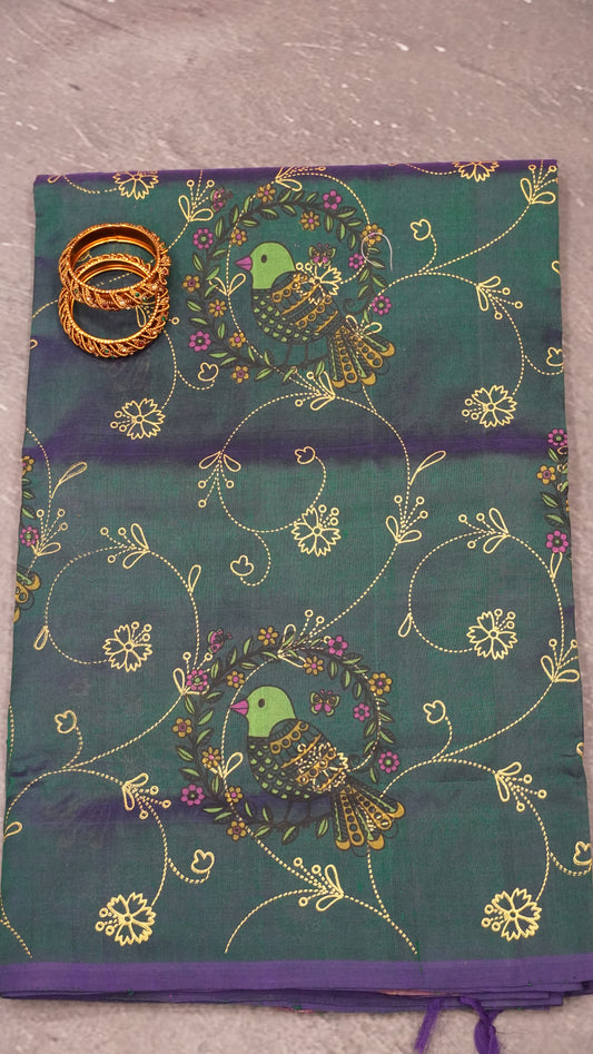 Pure Silk Cotton Saree-Dark Peacock Green