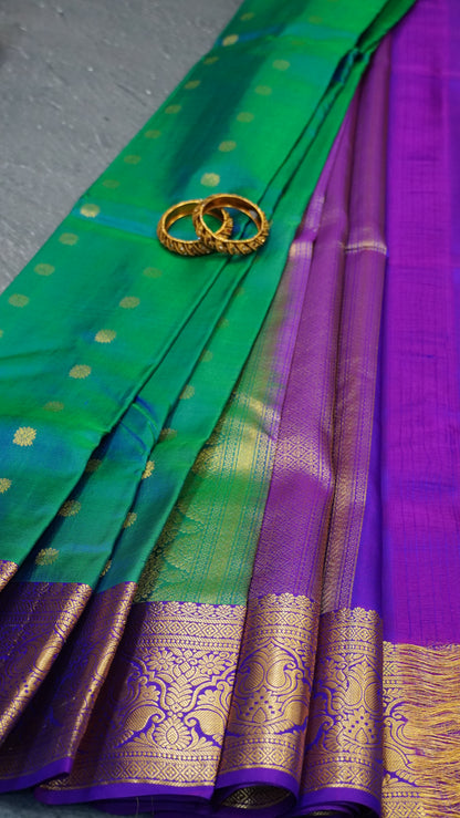 Pure Kanjivaram Silk Saree - Peacock Green-Purple