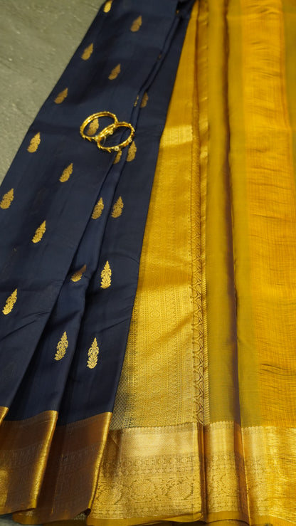 Pure Kanjivaram Silk Saree - Navy Blue-Dark Beige