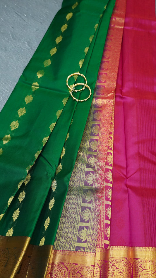 Pure Kanjivaram Silk Saree -Dark green-Arakku