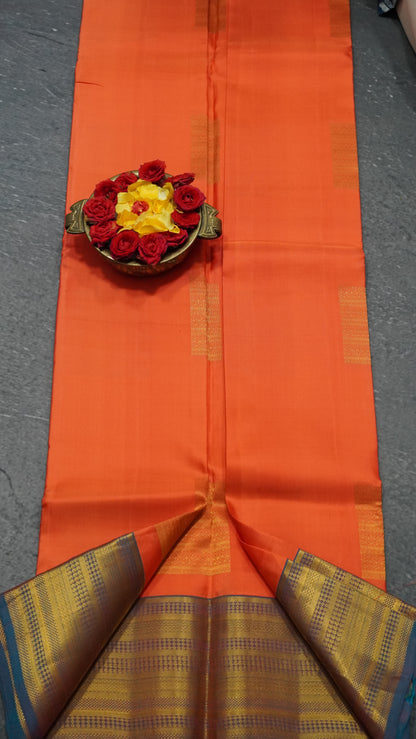 Pure Kanjivaram Silk Saree - Peach Orange-Peacock Green