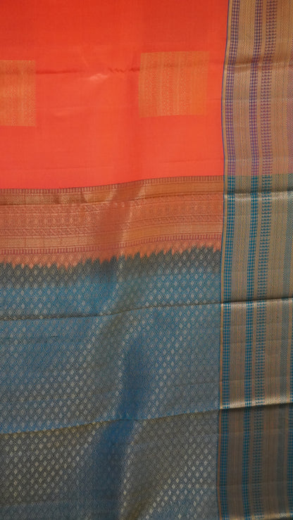 Pure Kanjivaram Silk Saree - Peach Orange-Peacock Green