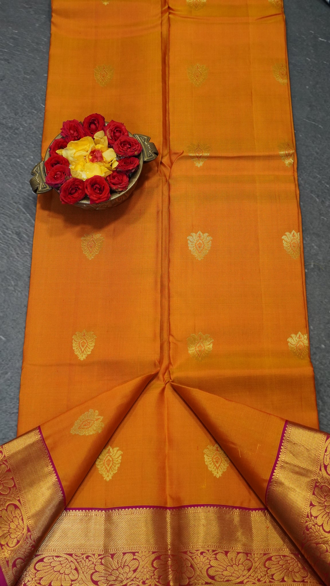 Pure Kanchipuram Silk Saree - Mango yellow-Pink