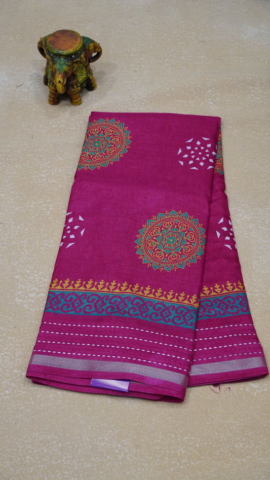 Dola Silk Saree Kolam Print - Pink