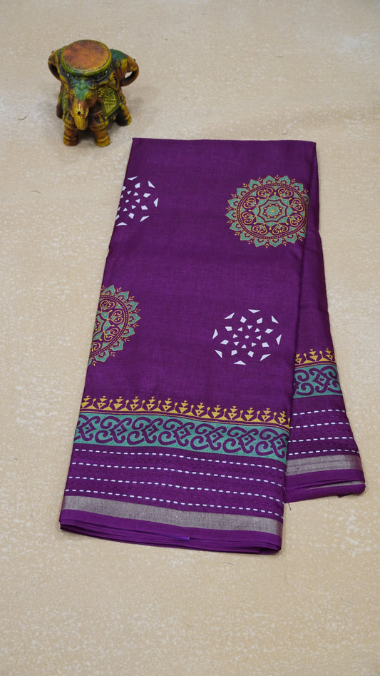 Dola Silk Saree Kolam Print - Purple