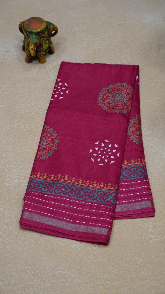 Dola Silk Saree Kolam Print - Red