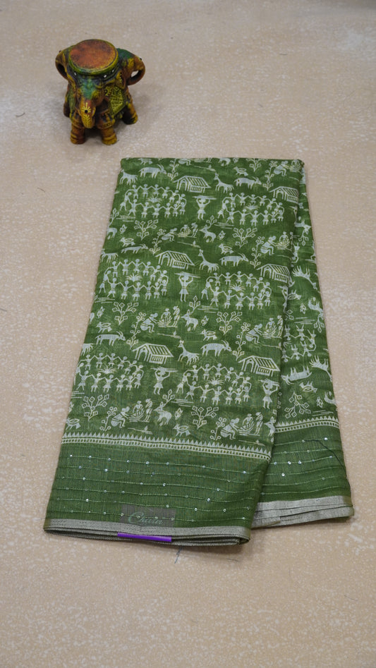 Chanderi Saree Warli Print - Olive Green