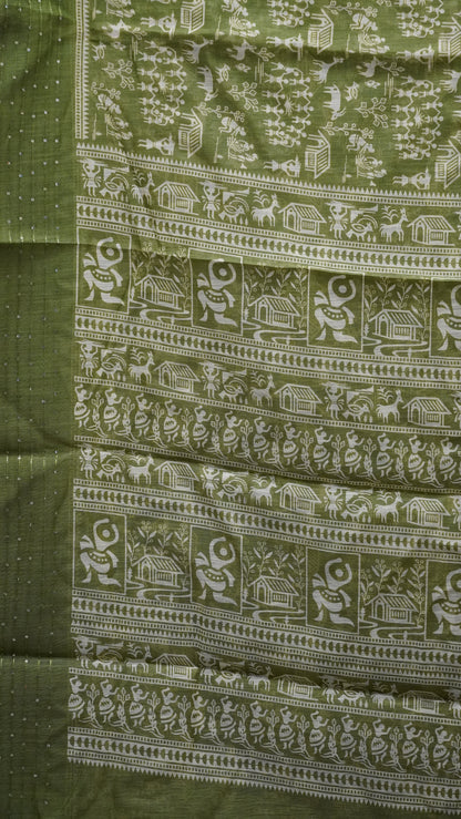 Chanderi Saree Warli Print - Olive Green