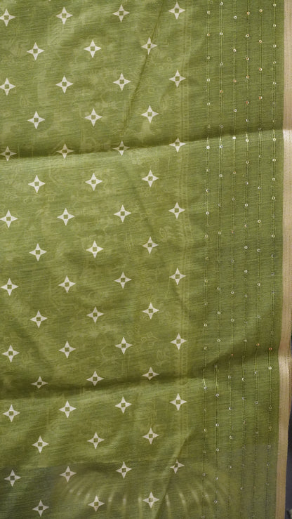 Chanderi Saree Warli Print - Olive Green