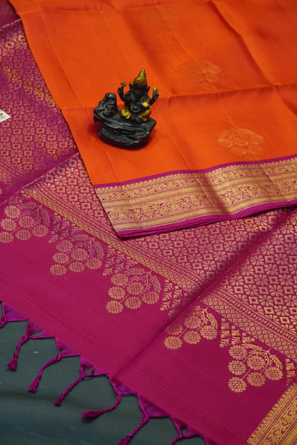Pure soft silk-Round Flower Butta Orange-Pink