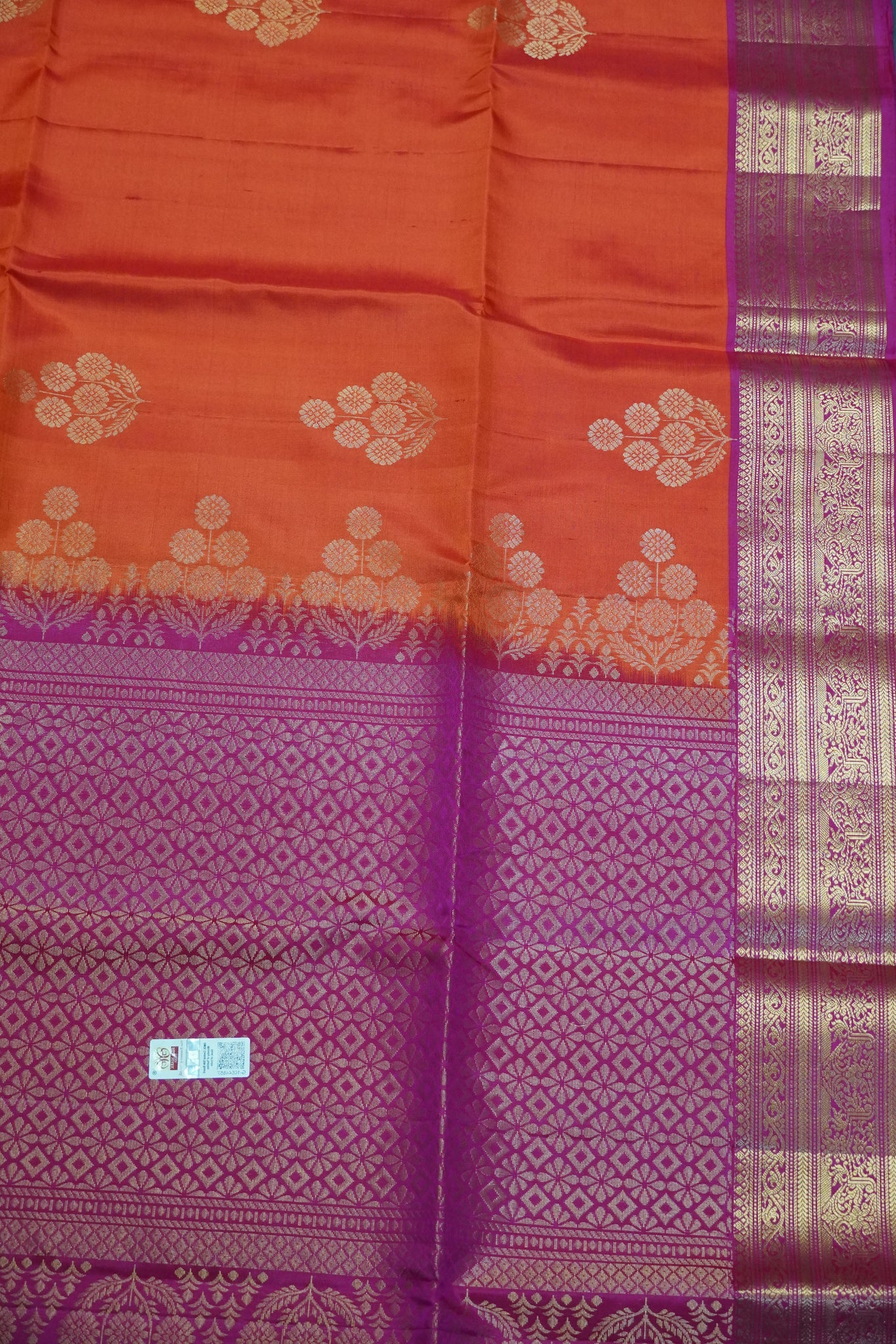 Pure soft silk-Round Flower Butta Orange-Pink