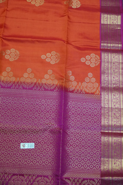 Pure soft silk-Round Flower Butta Orange-Pink