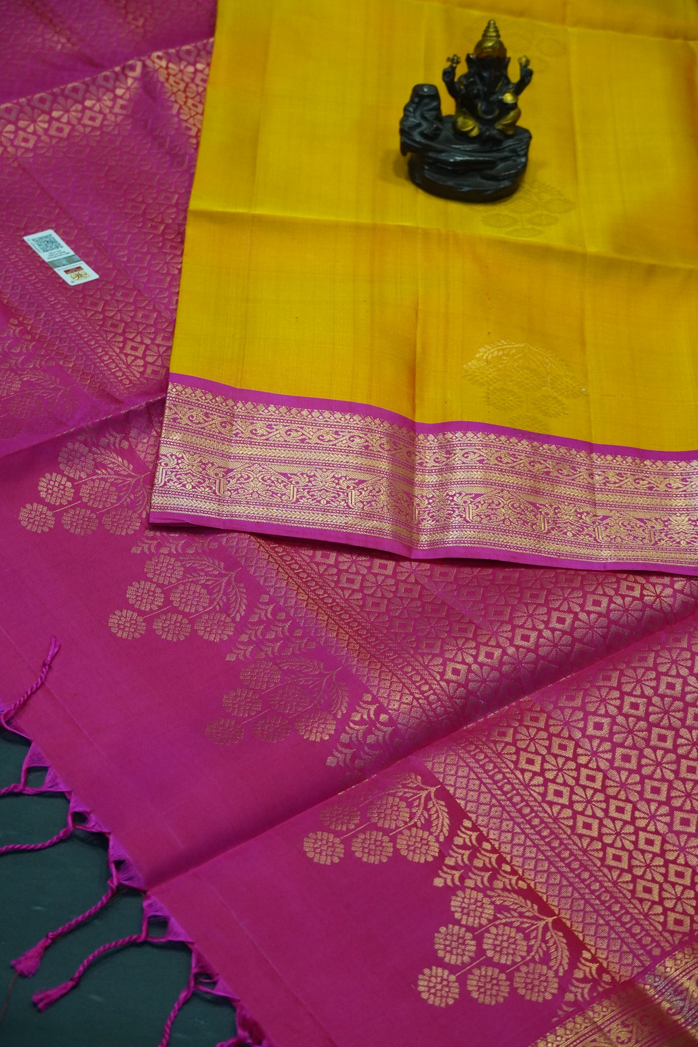 Pure soft silk-Round Flower Butta Mango Yellow-Pink