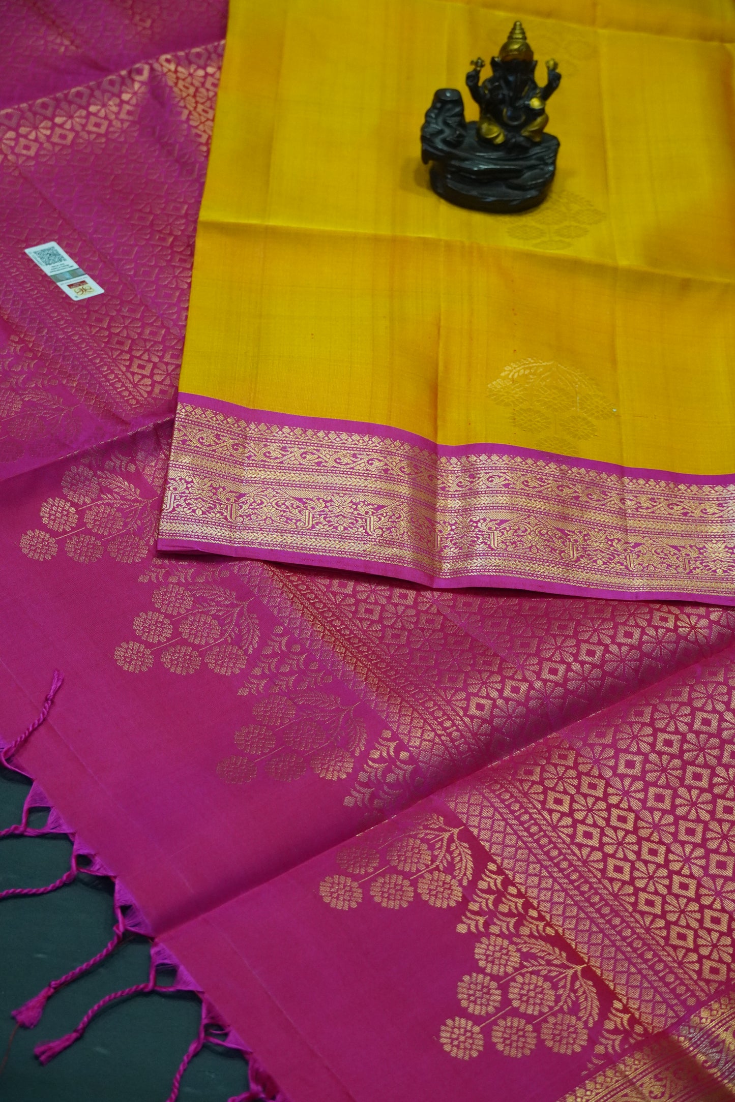 Pure soft silk-Round Flower Butta Mango Yellow-Pink